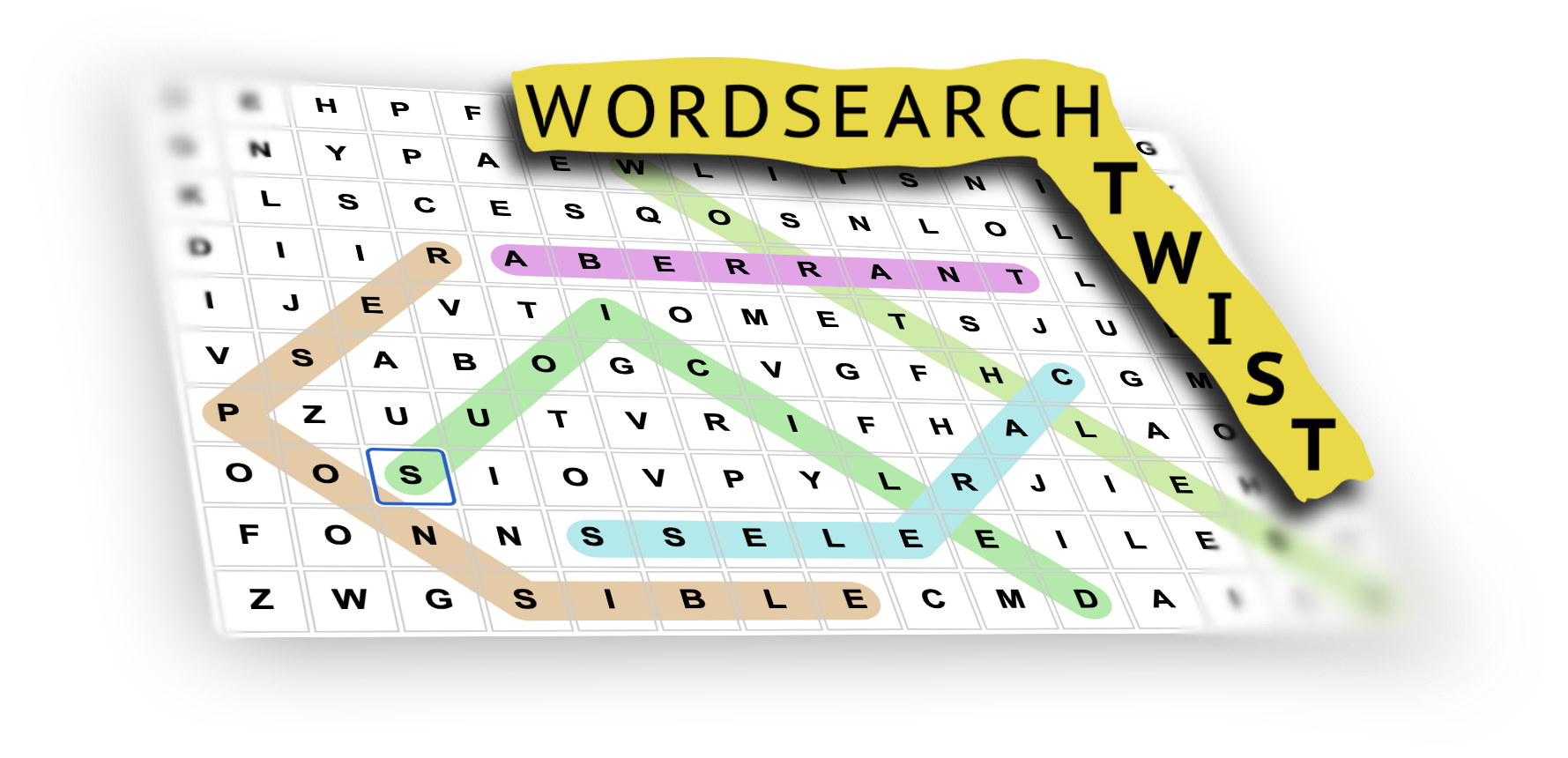 WordsearchTwist - A new twist on word searches. Same letters, same grid - except the words don't run in a straight line anymore. Find them bent, kinked, and doubled back on themselves.